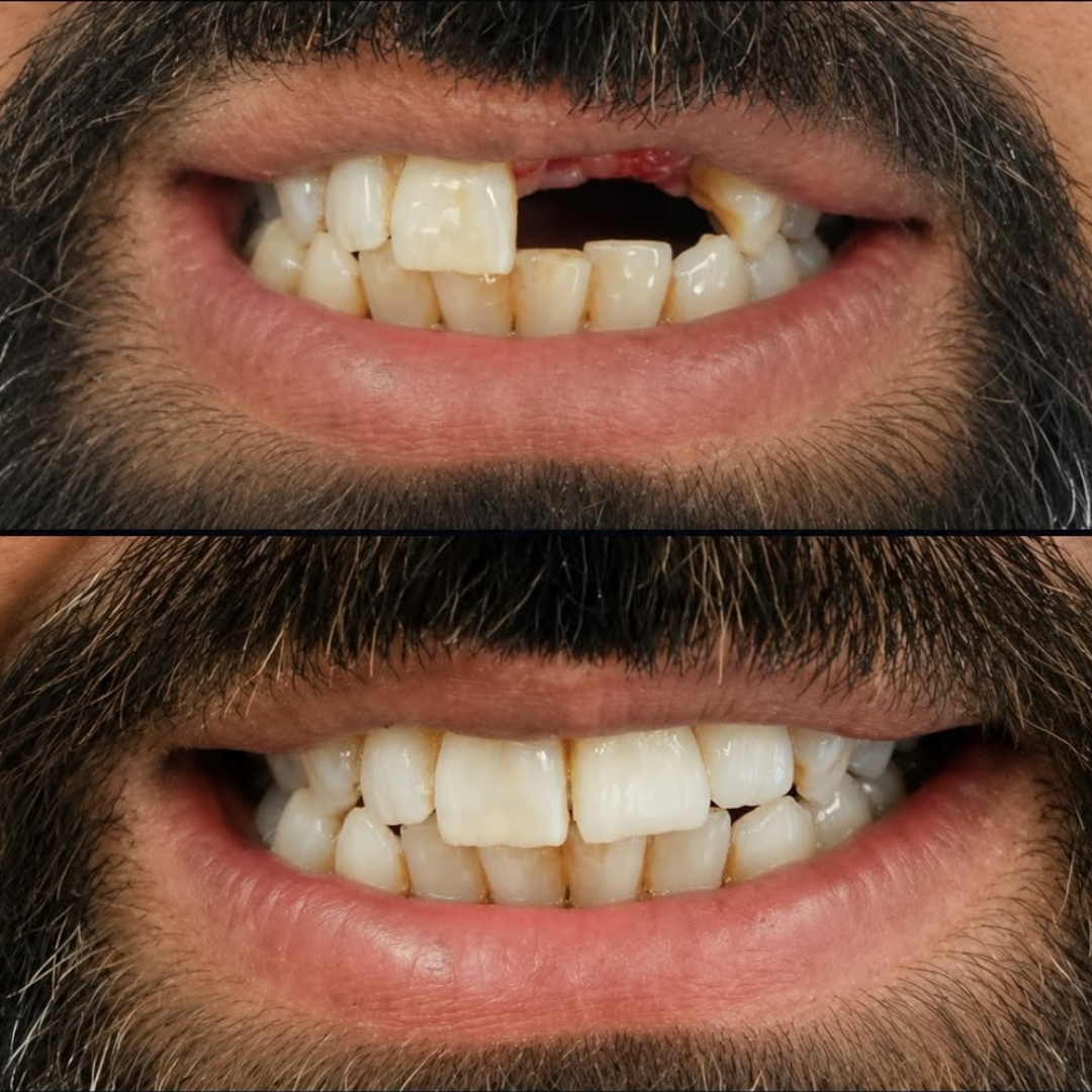 Before and after anterior bridge implant restoration by Dr Naseer